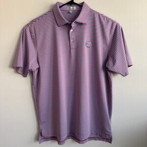 Peter Millar Polo Short Sleeve Shirt Pink Blue Striped Embroidered Sun XL